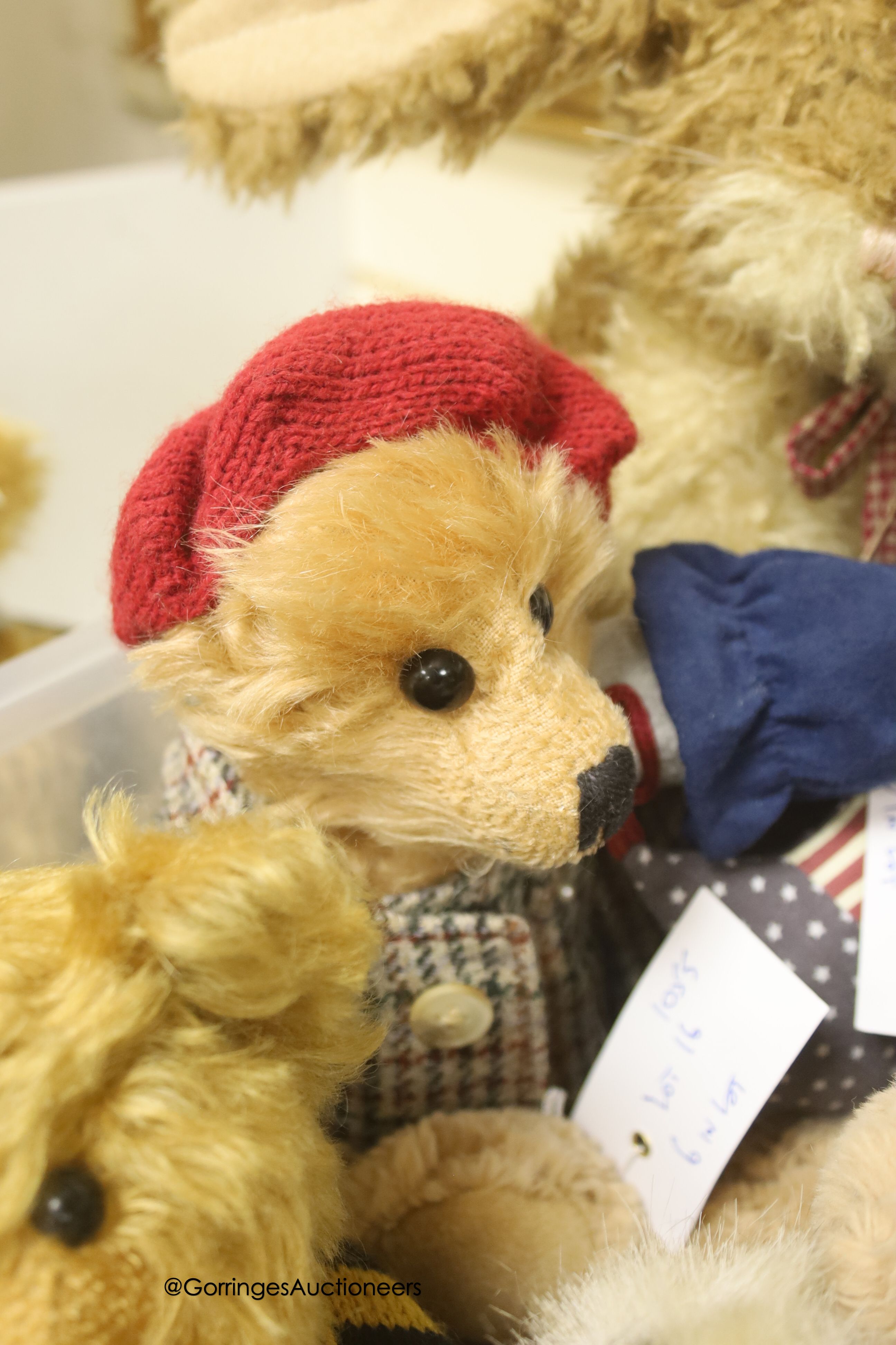 A Deans Jo Greeno bear with Deans limited edition bears; Boyds rabbit and an American comic cat, musical rag time bear and a Steiff Wiggi owl